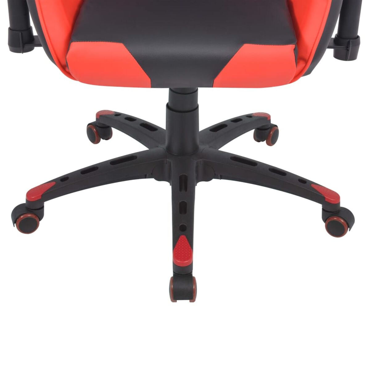 Gaming-Stuhl-Untergestell mit roten Akzenten und Rollen auf weißer Oberfläche.