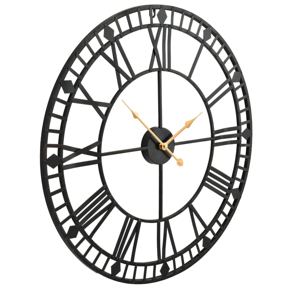 Schwarze Metalluhr mit römischen Ziffern, goldenen Zeigern und offenem Design.