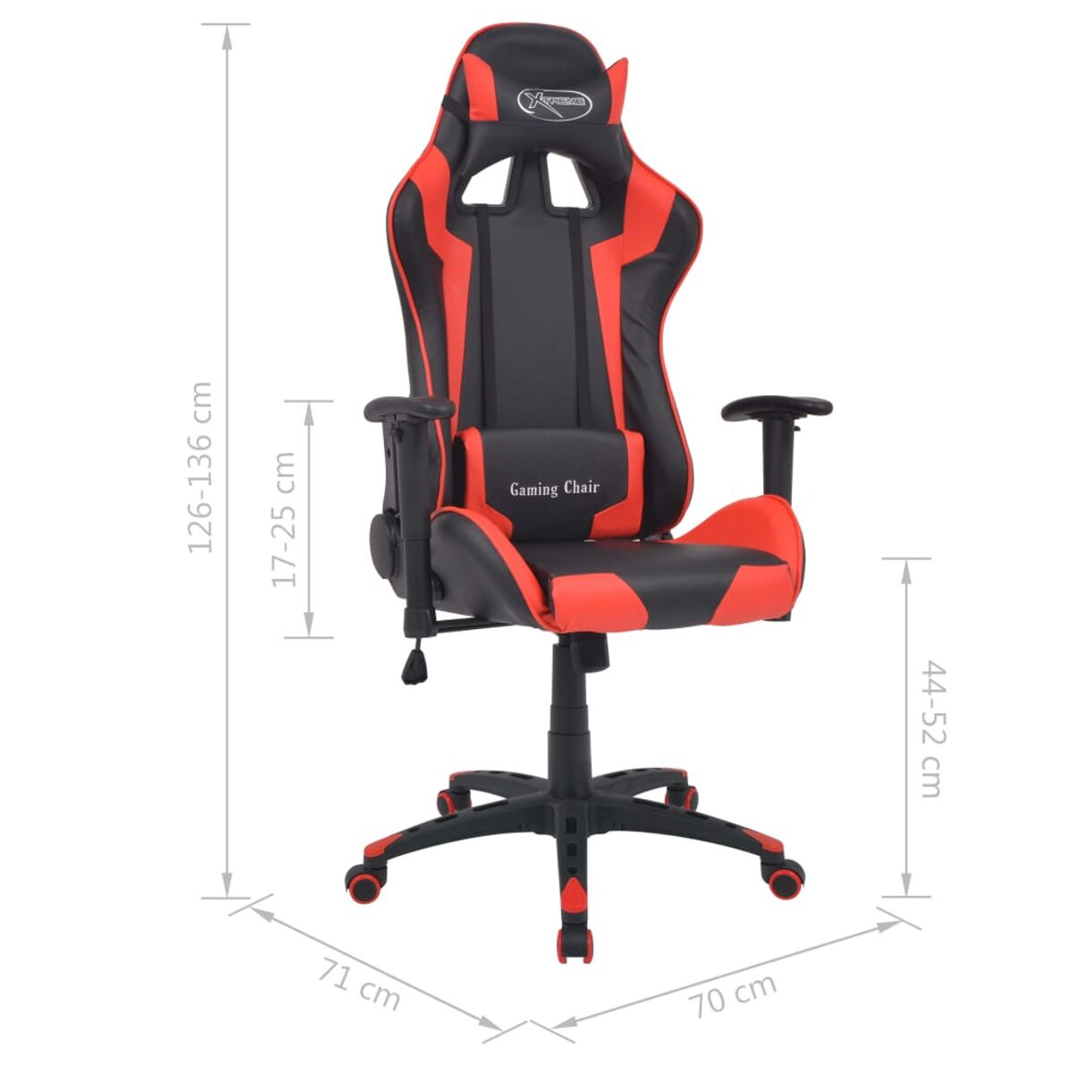 Roter und schwarzer Gaming-Stuhl mit Abmessungen. Er hat eine Kopfstütze und Lendenwirbelstütze.