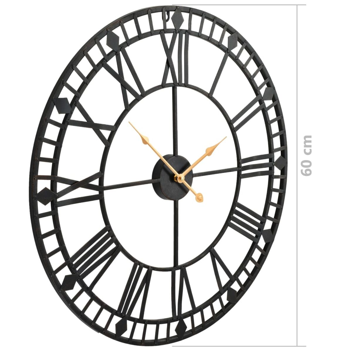 Schwarze, runde Wanduhr mit römischen Ziffern und goldfarbenen Zeigern. Größe: 60 cm.