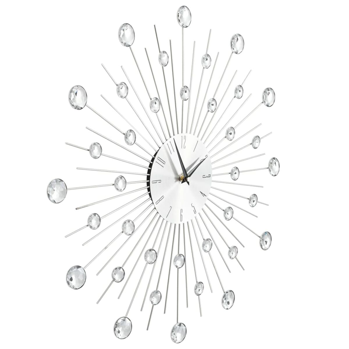Eine silberne Uhr mit Kristallverzierungen und weißem Zifferblatt, vor weißem Hintergrund.
