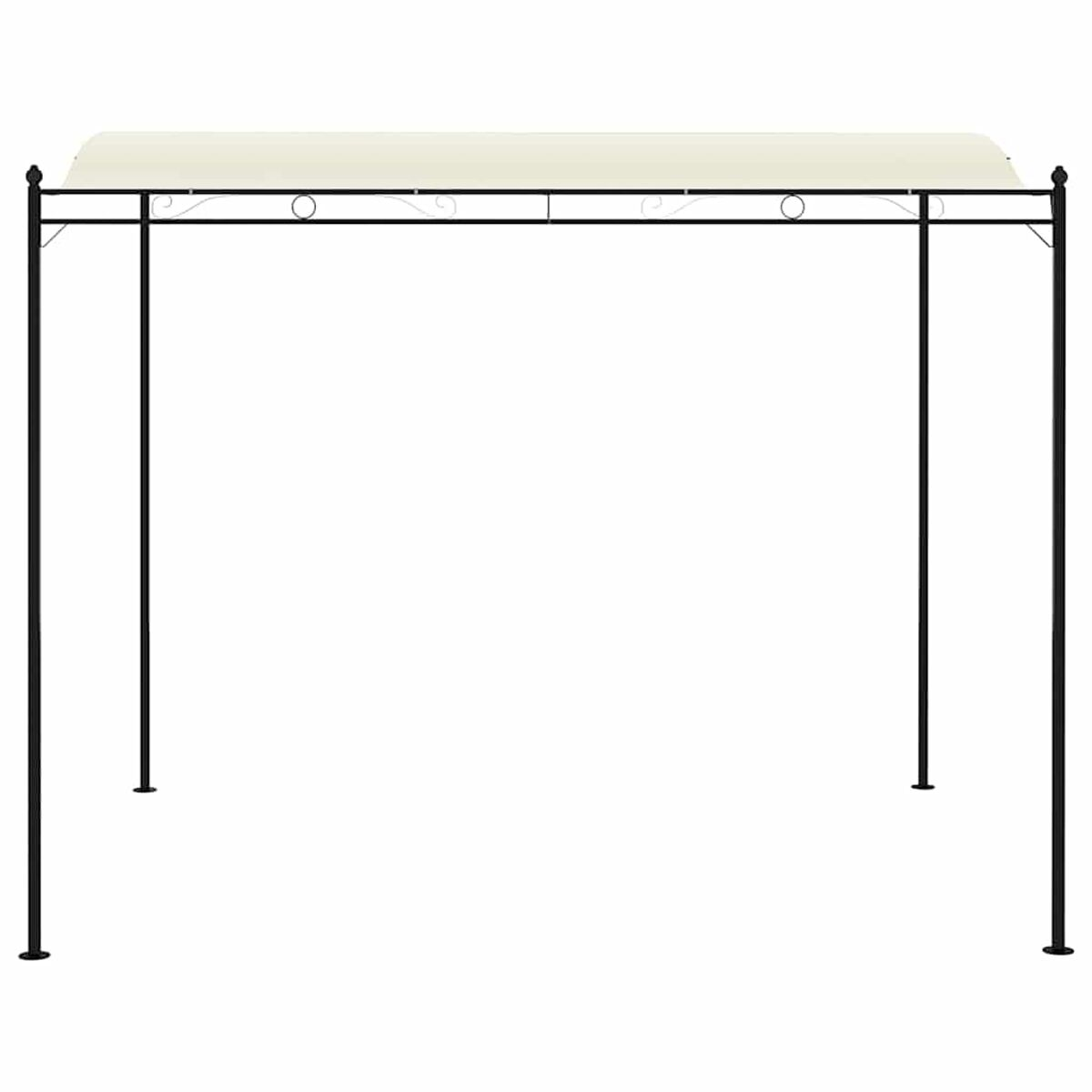 Schwarzer Metall-Pergola-Rahmen mit weißem Dach. Die Struktur ist leer.