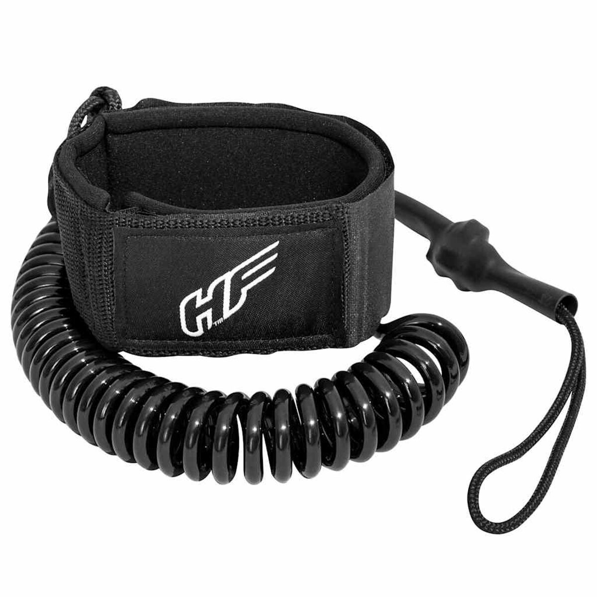 Czarna smycz do surfingu ze spiralnym kablem, mankietem i czarnym paskiem do ciągnięcia.