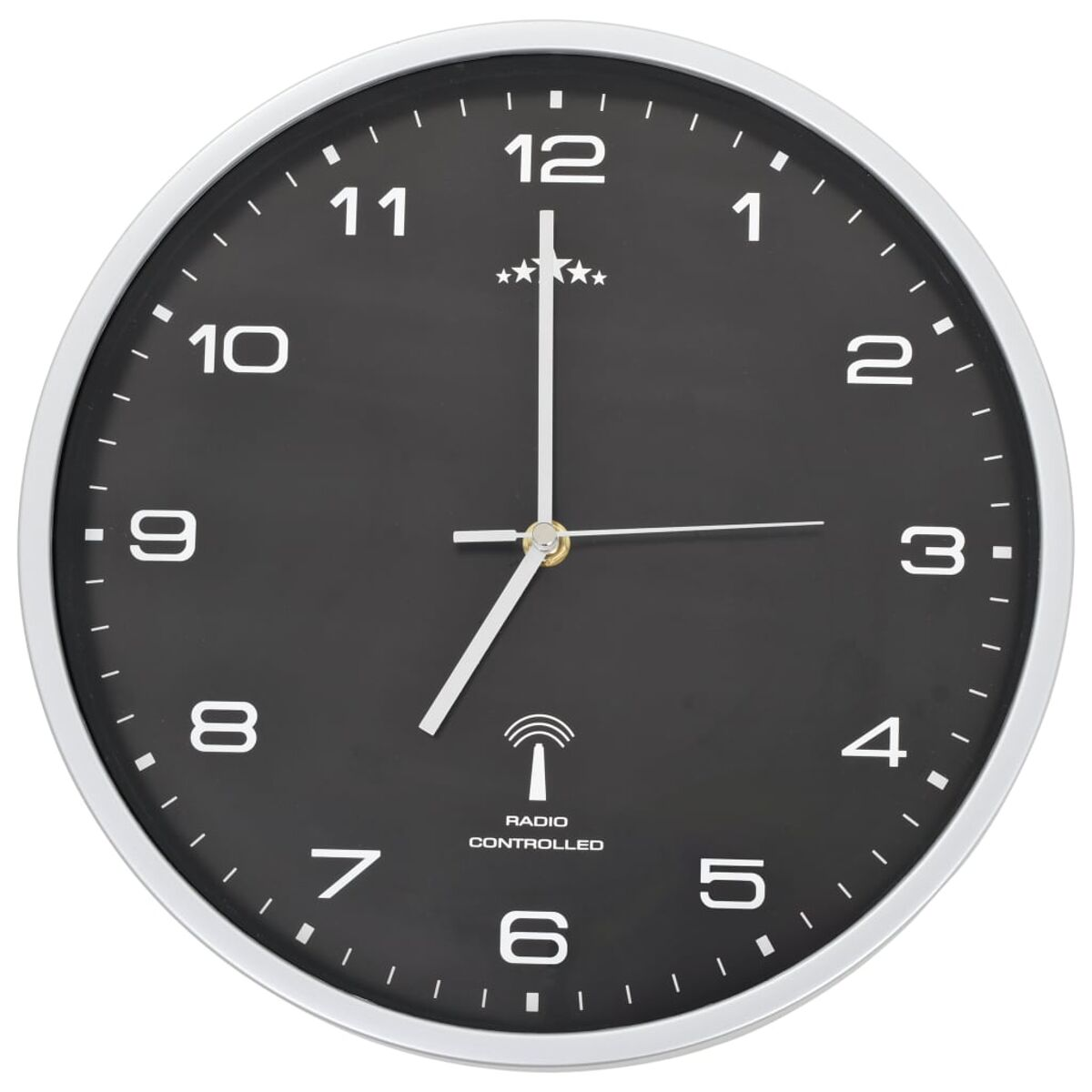 Runde Uhr mit schwarzem Zifferblatt. Weiße Zahlen und Zeiger.