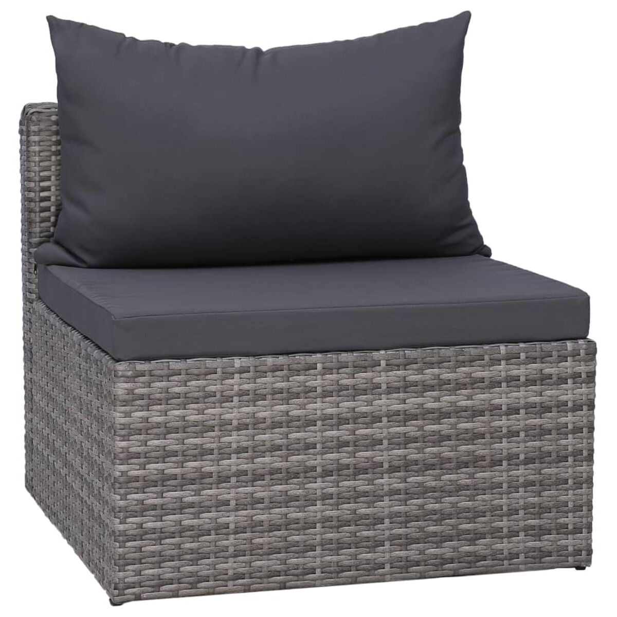 Graues gewebtes Ecksofa für den Außenbereich mit dunkelgrauem Kissen und Kissen.