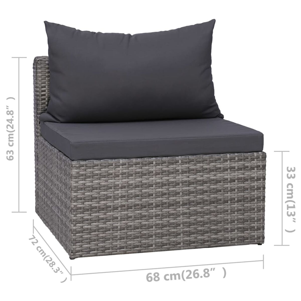 Ein graues Outdoor-Sofa aus Rattan mit einem grauen Kissen, mit Abmessungen in Zentimetern.
