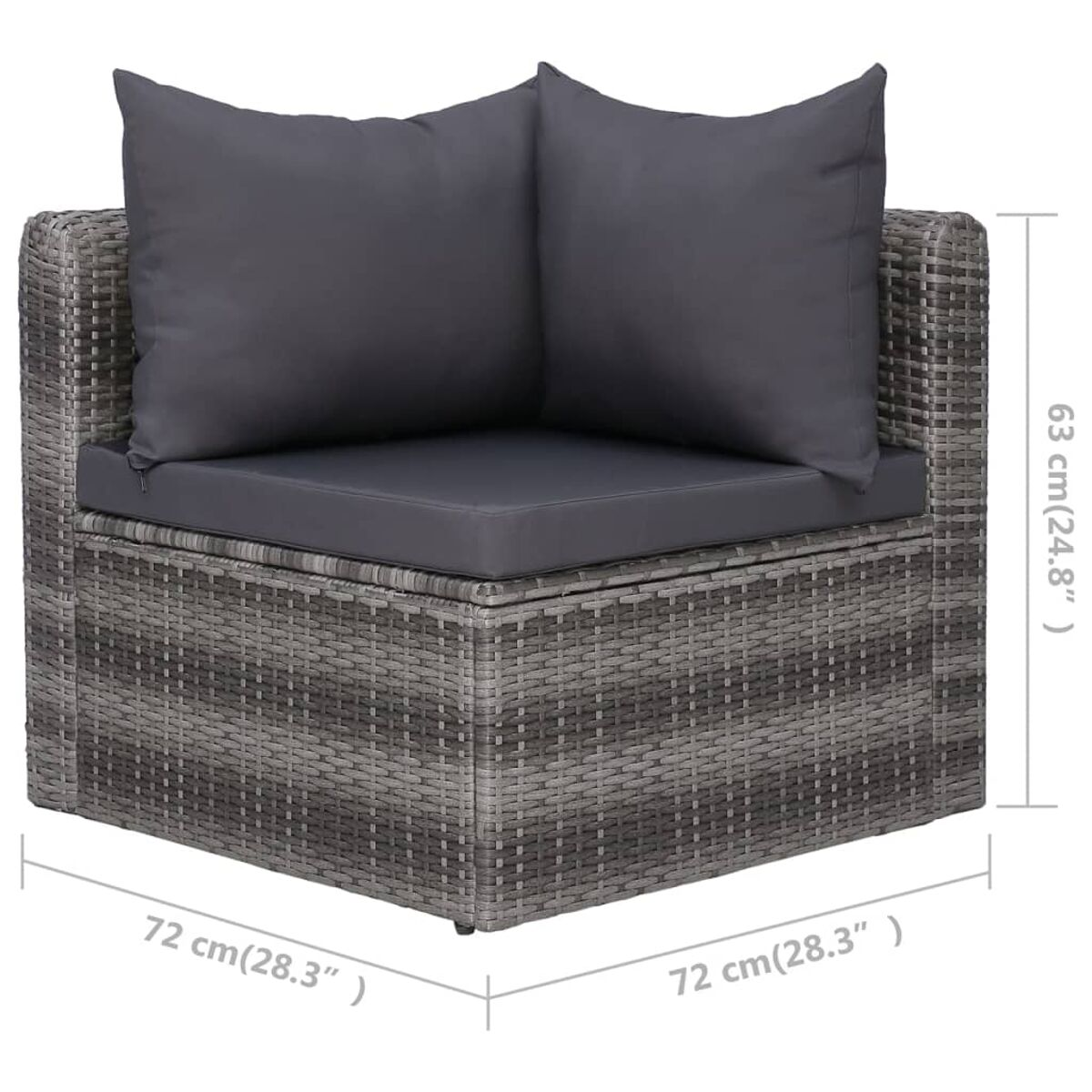 Wicker Ecksofa mit grauen Kissen. Das Sofa hat eine quadratische Form und die Abmessungen sind angegeben.