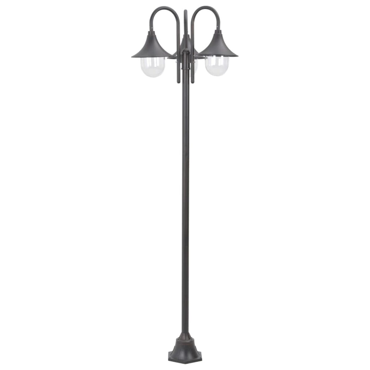 Laternenpfahl im Freien mit zwei Lichtern. Schwarze Stange und Lampen.