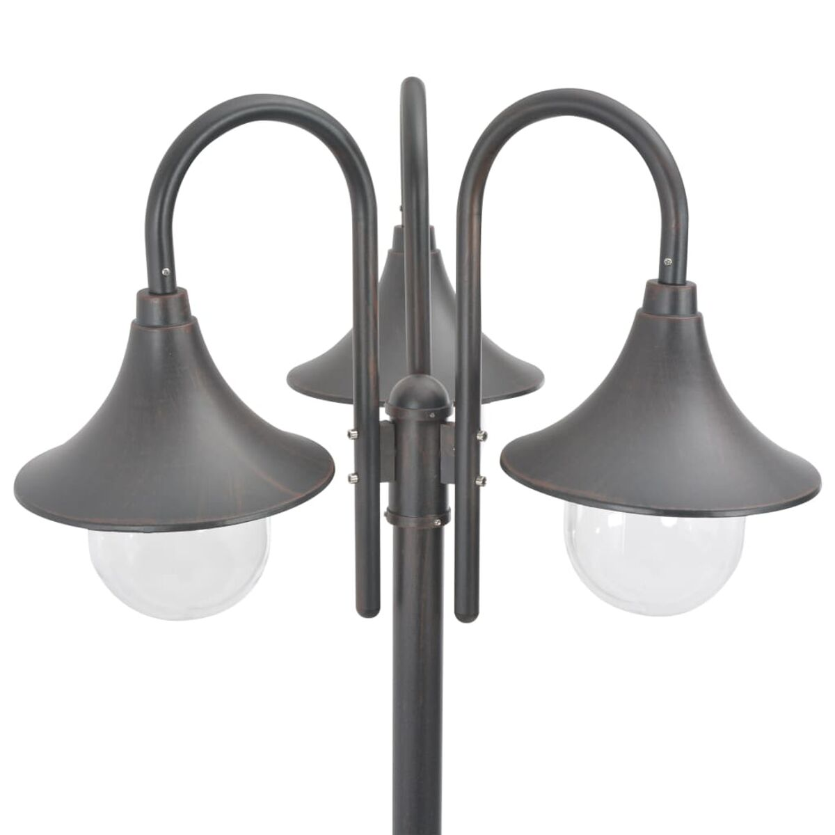 Bronze Metall Außenlampe mit drei Lichtern und klaren Glaskugeln, weißer Hintergrund.