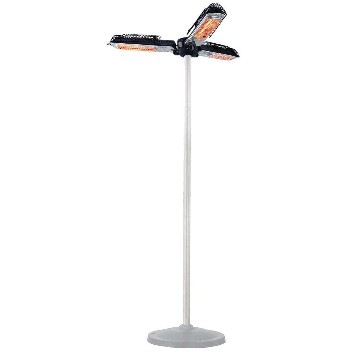 Buitenverwarmer met drie verwarmingskoppen, gemonteerd op een hoge, witte, ronde basispaal.