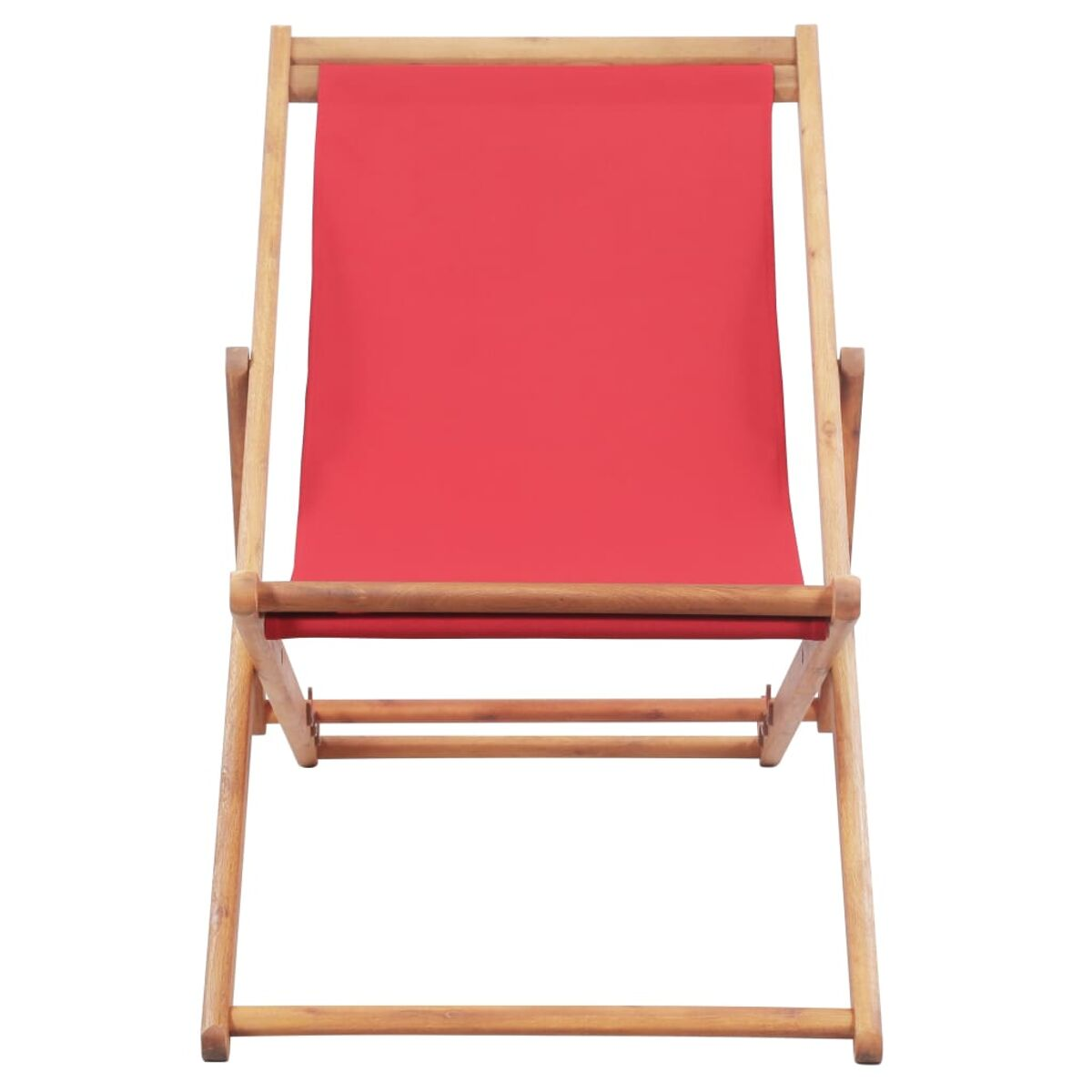 Ein roter Deckchair, Holzrahmen, isoliert auf weißem Hintergrund.