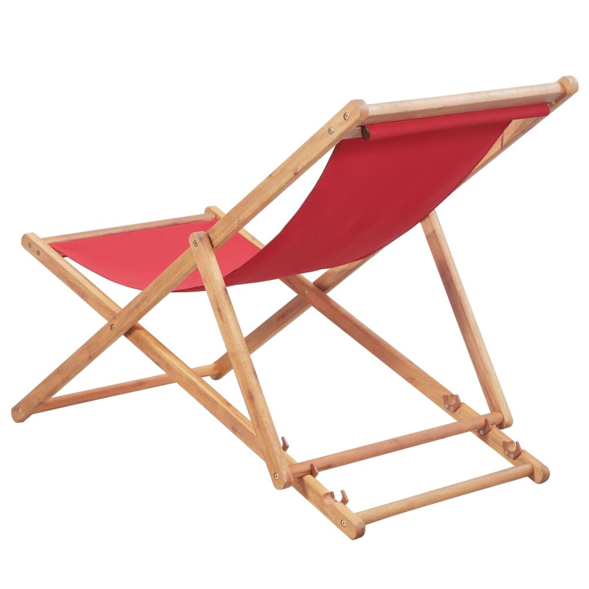 Holz-Deckstuhl mit rotem Stoff. Rückseite des Stuhls sichtbar, vom Betrachter abgewandt.