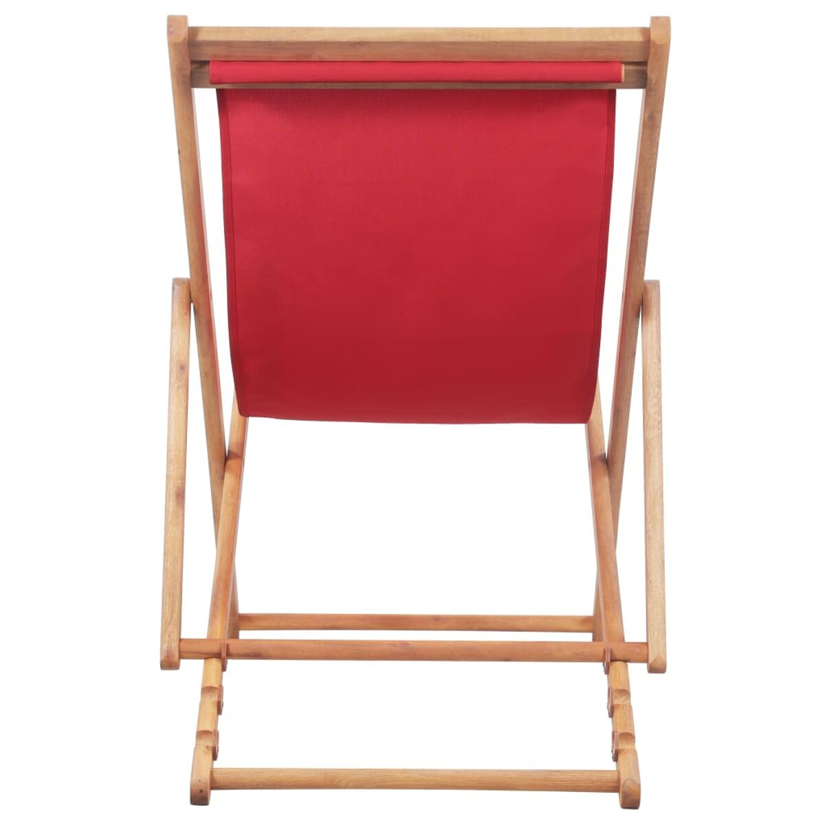 Klappstuhl aus Holz mit rotem Stoffrücken und Sitz, von hinten gesehen.