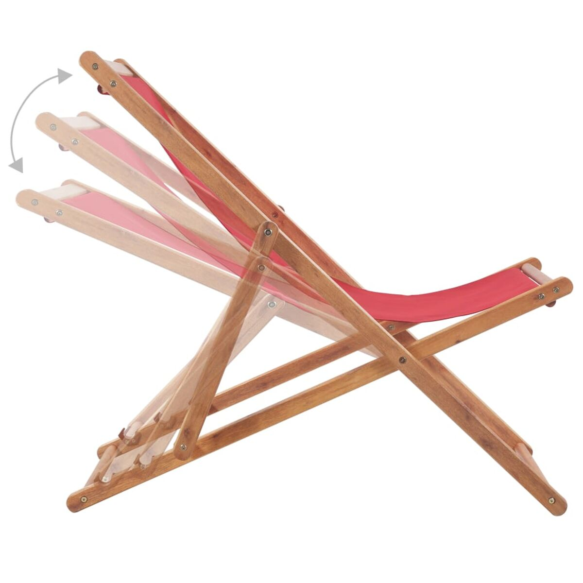Holz- und roter Stoff-Deckstuhl, zeigt drei Positionen. Pfeile zeigen Anpassungen an.
