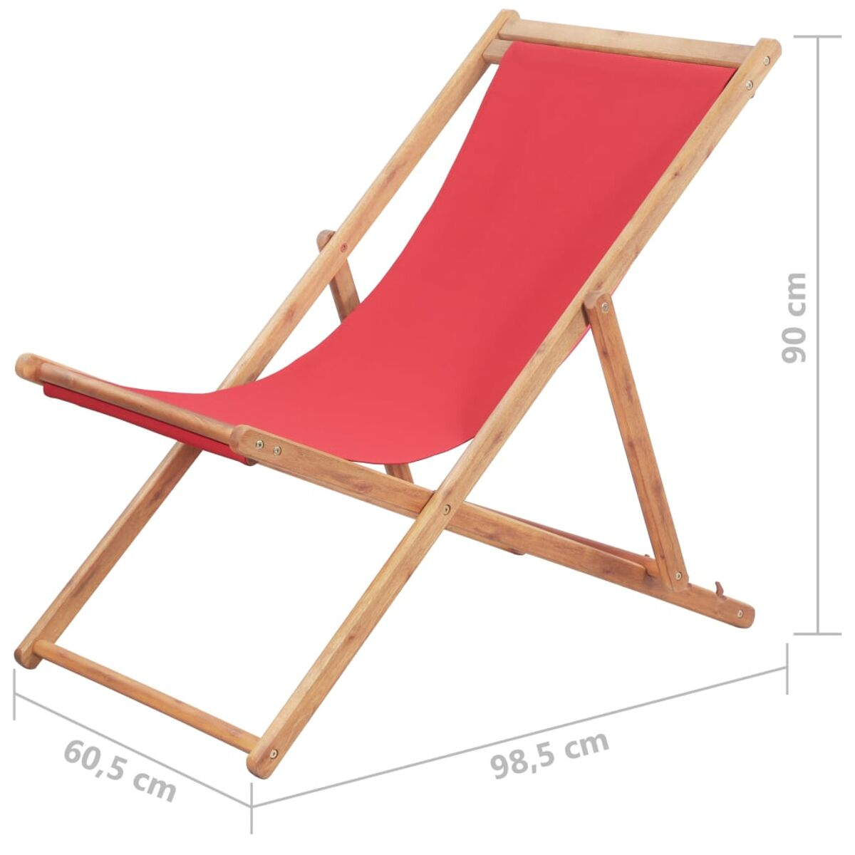 Ein roter Holz-Deckstuhl. Er hat einen roten Stoff-Sitz und wird vor weißem Hintergrund gemessen.