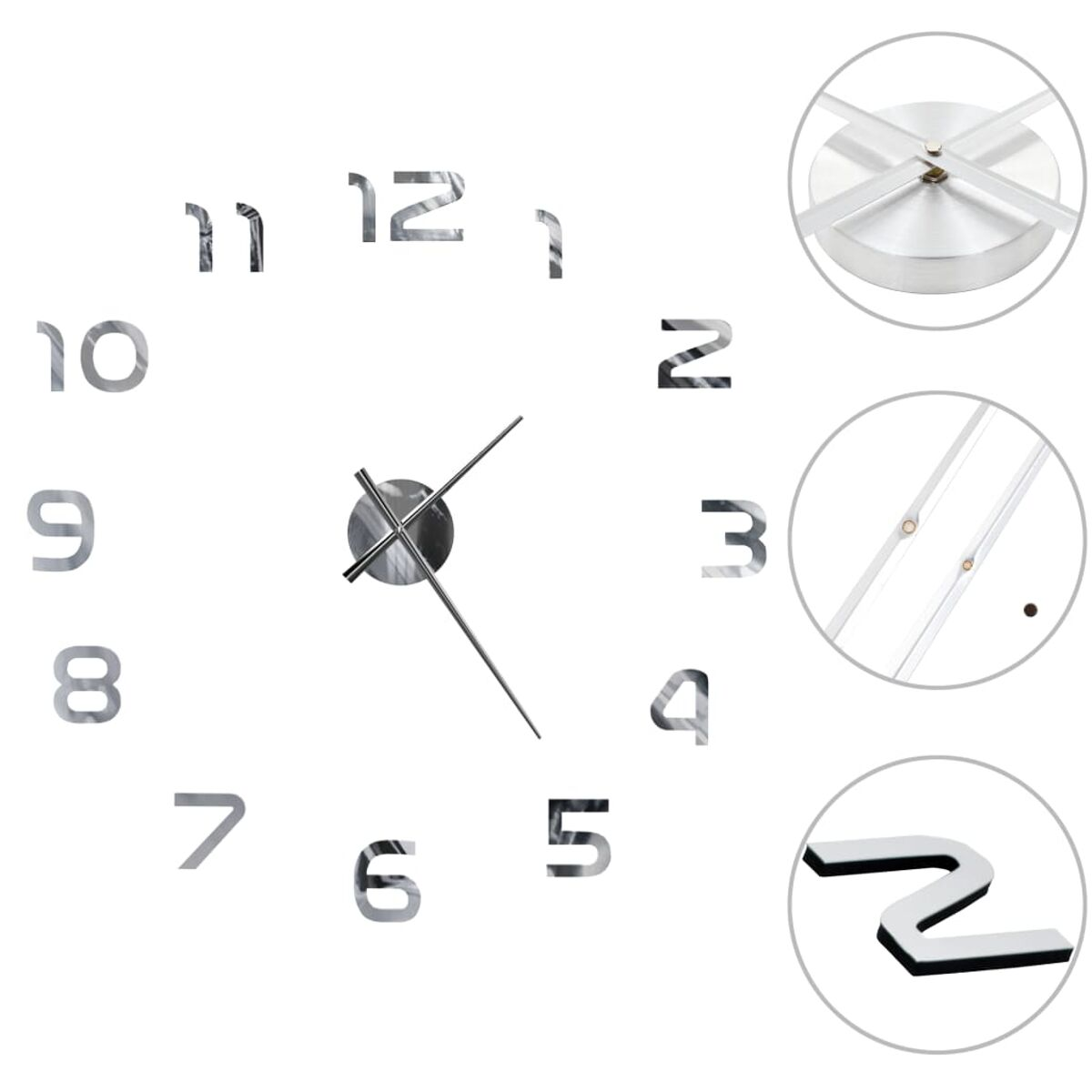 Wanduhr mit silbernen Zahlen und Zeigern. Details zeigen den Mechanismus.