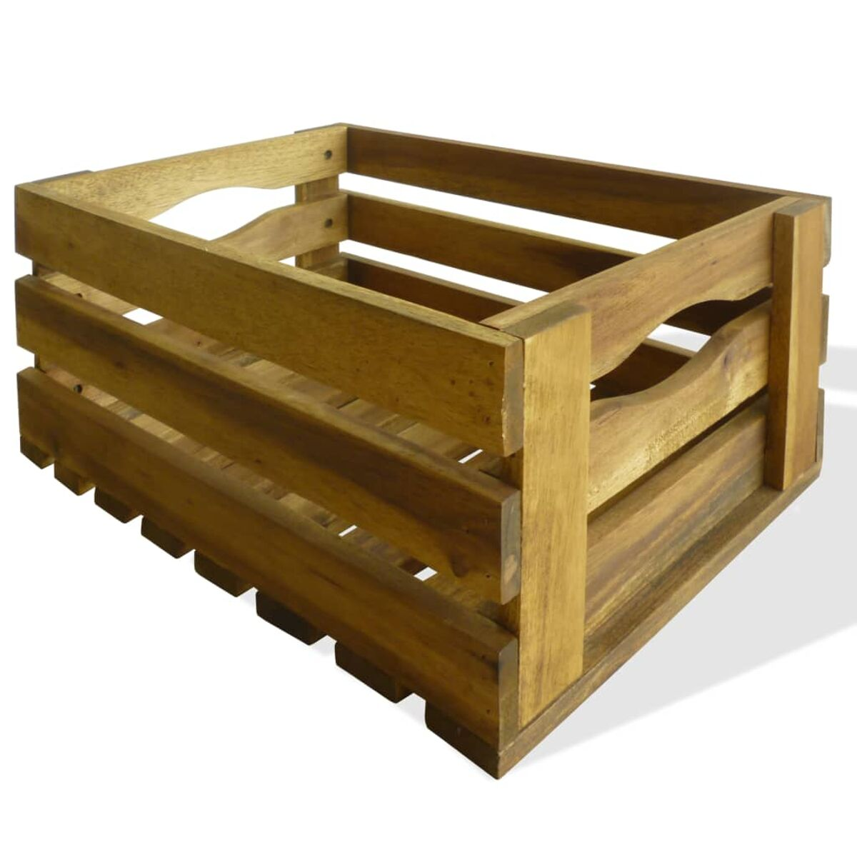 Holzkiste mit Latten und Griffen, leer, auf weißem Hintergrund.