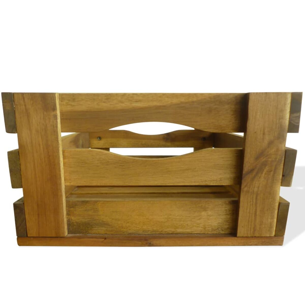 Holzkiste, leer, mit dunkelbrauner Farbe und sichtbarer Holzmaserung.