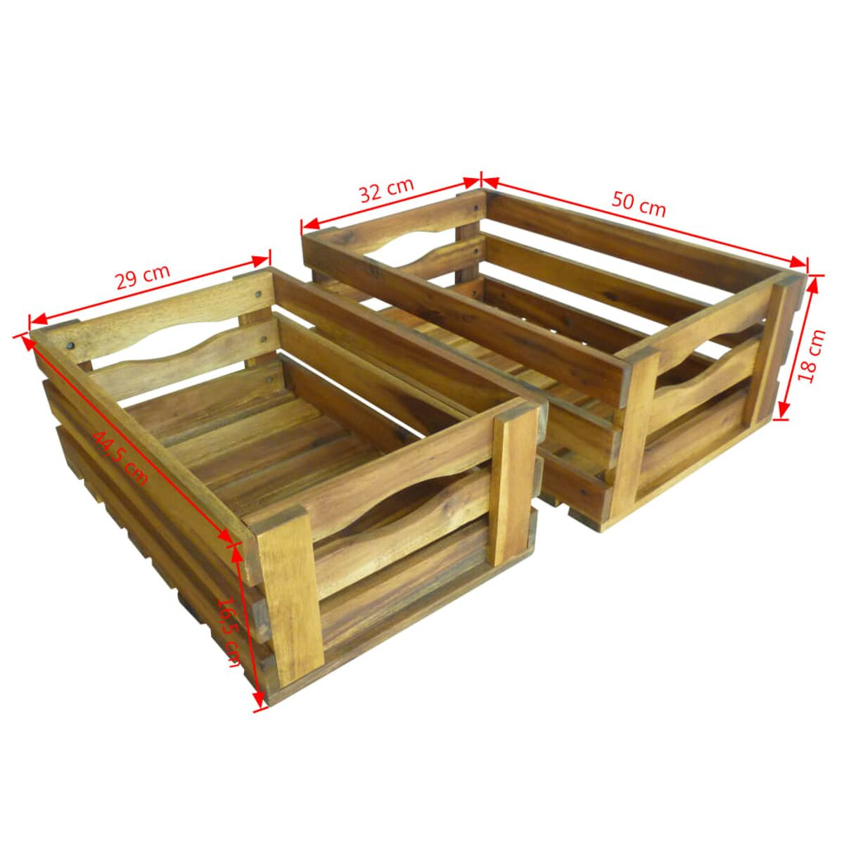 Zwei Holzkisten mit Maßen, natürliche Holzfarbe. Weißer Hintergrund.