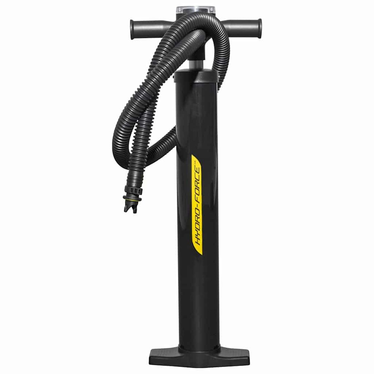 Czarna pompa ręczna z wężem i uchwytami, na białym tle.