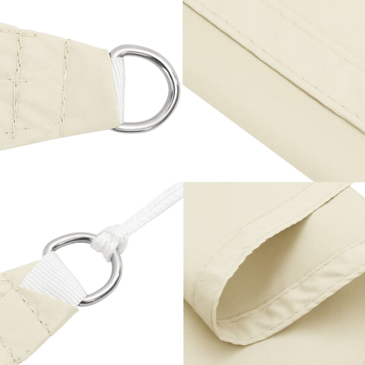 Nahaufnahme von cremefarbenem Sonnensegelstoff, mit Ringen und Nahtdetails.