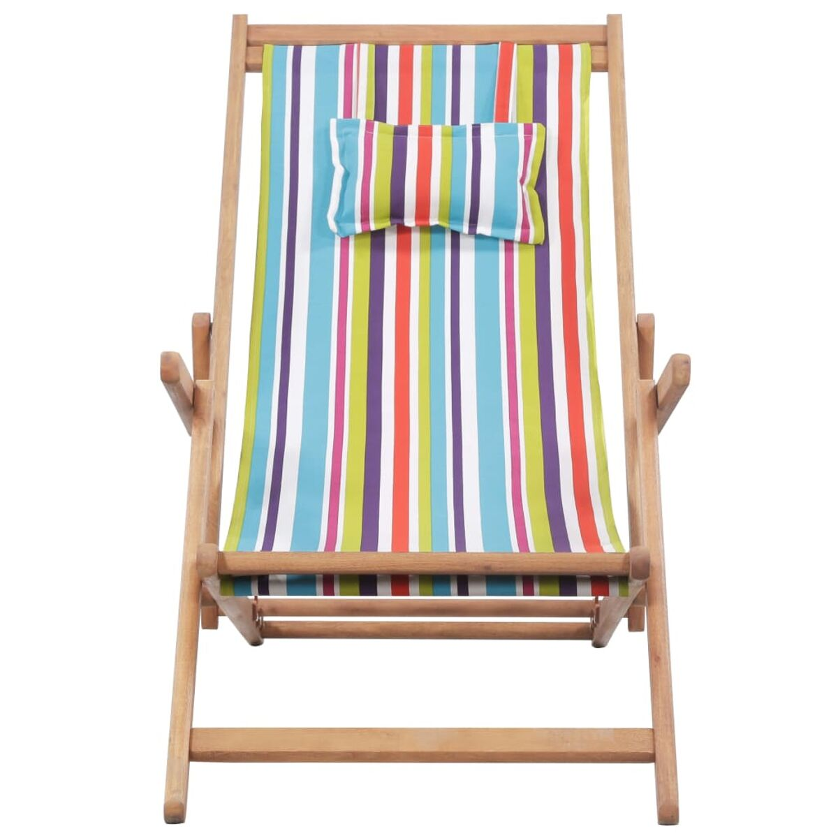 Holz-Strandstuhl mit bunt gestreiftem Stoff und kleinem Kissen.