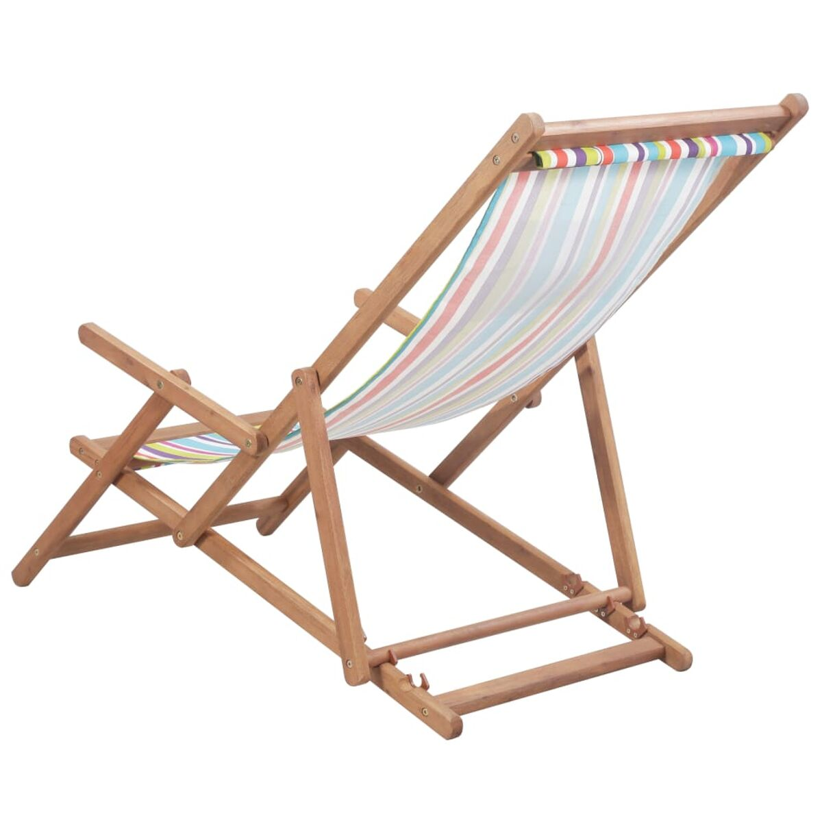 Holz-Deckstuhl mit gestreiftem Stoff. Rückseite des Stuhls sichtbar, vom Betrachter abgewandt.