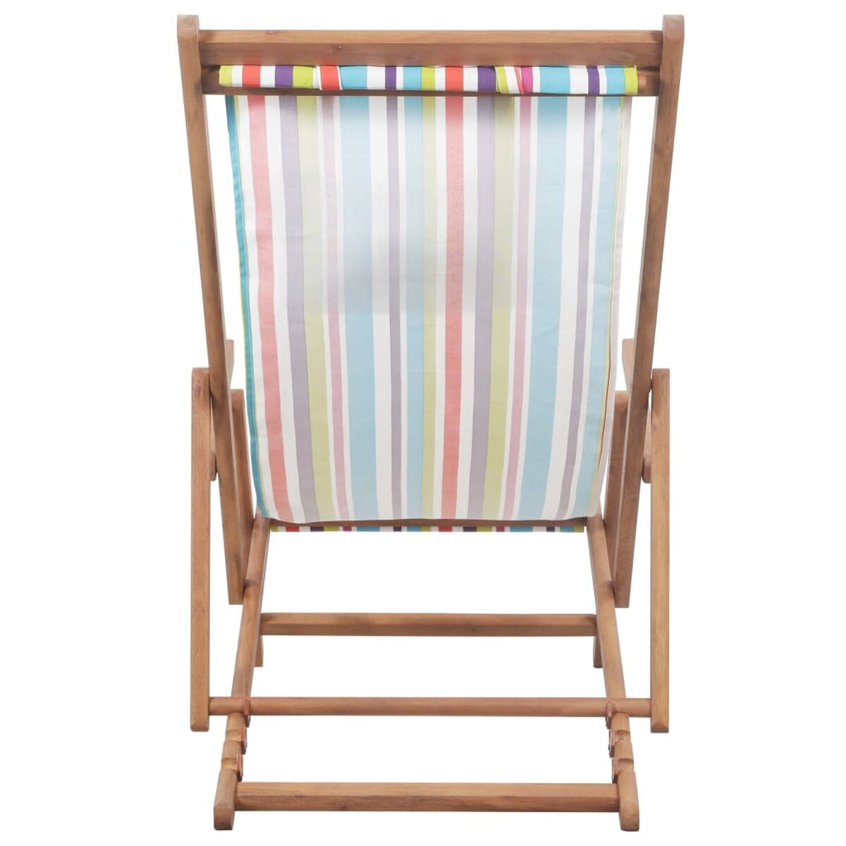 Holz-Deckchair mit bunt gestreiftem Stoff, von hinten gesehen.