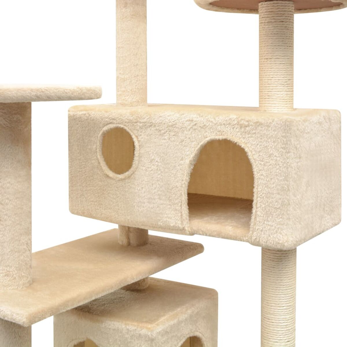 Beiger Katzenbaum mit mehreren Ebenen, einschließlich Haus und Plattformen. Weißer Hintergrund.