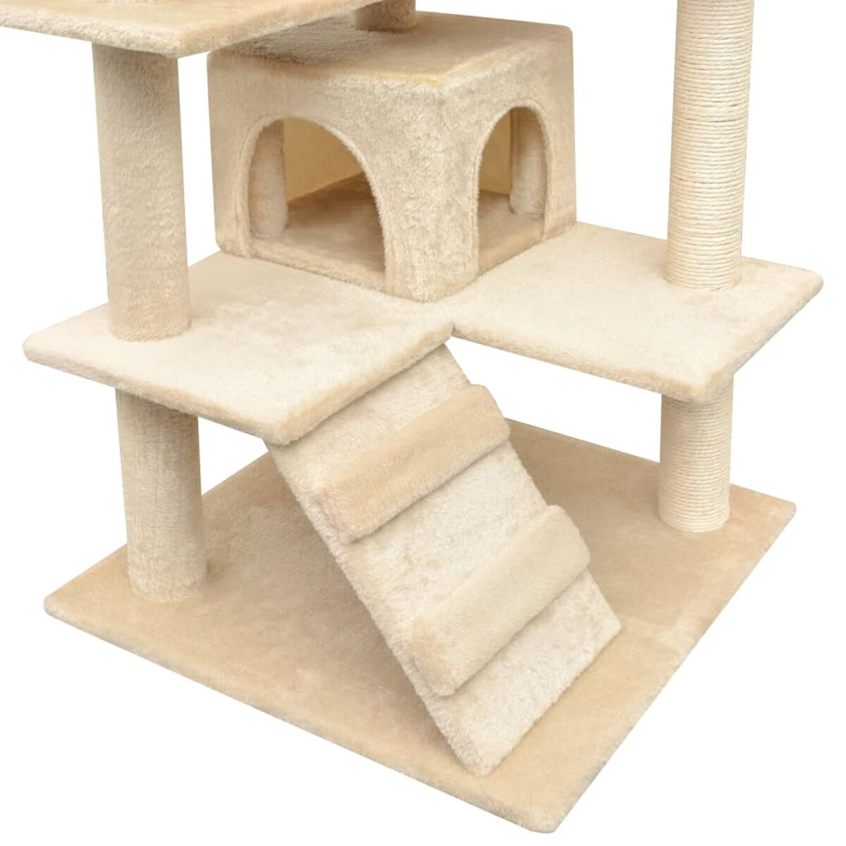Ein beiger Katzenbaum mit mehreren Plattformen, einer Kletterstruktur und einer gemütlichen Höhle.