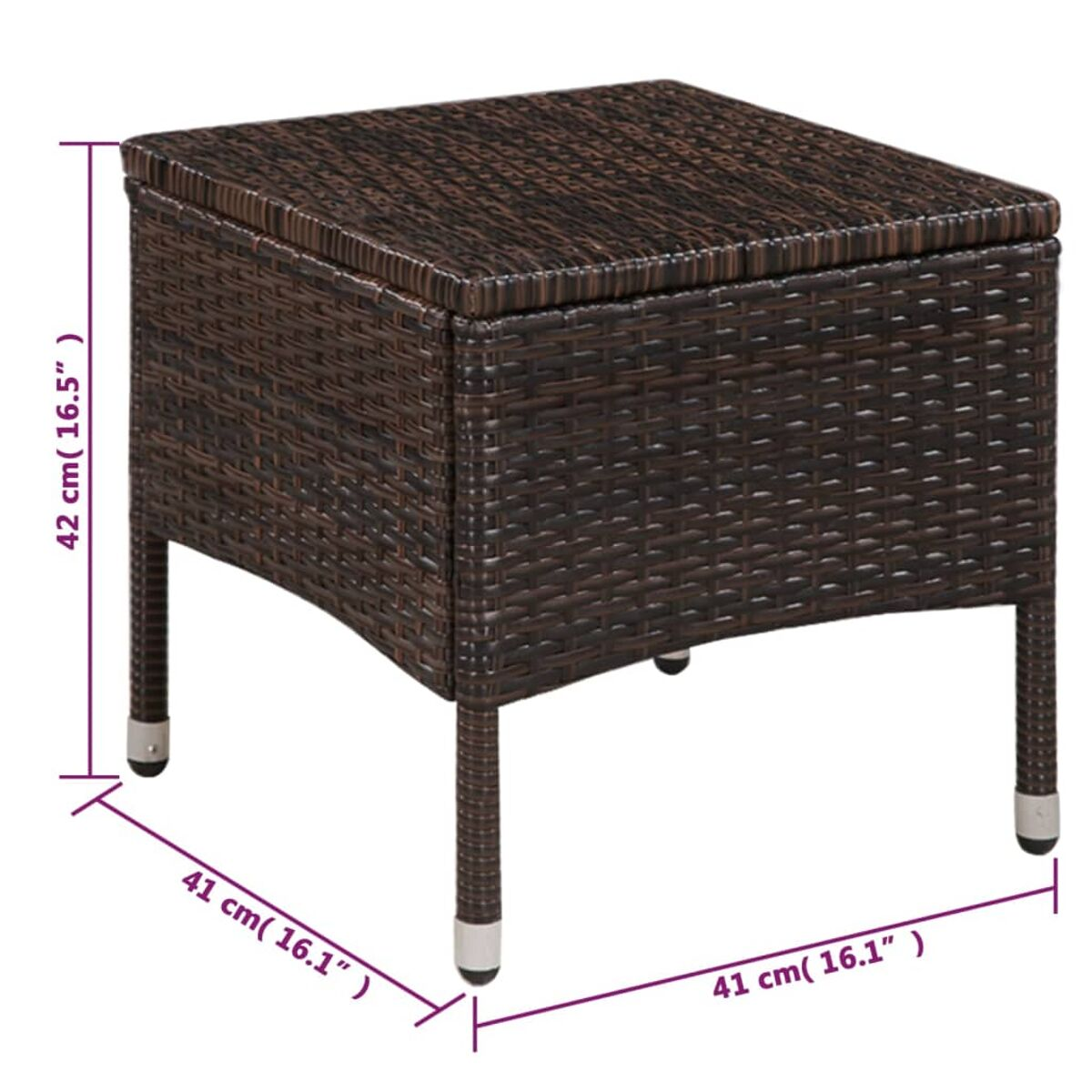 Ein brauner quadratischer Beistelltisch aus Rattan mit Maßangaben.
