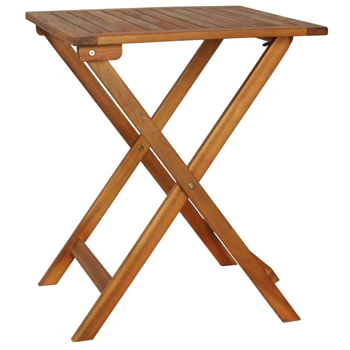 Klapptisch aus Holz. Er ist braun und hat ein X-förmiges Beingestell.