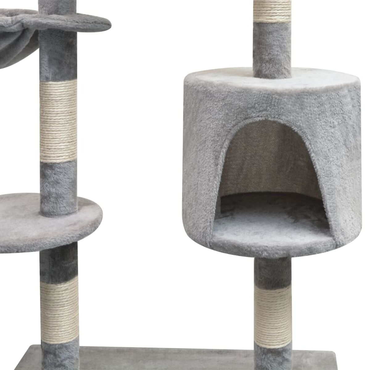 Katzenbaum-Abschnitte. Grauer und beiger Katzenbaum mit Höhle, Pfosten und Plattformen.