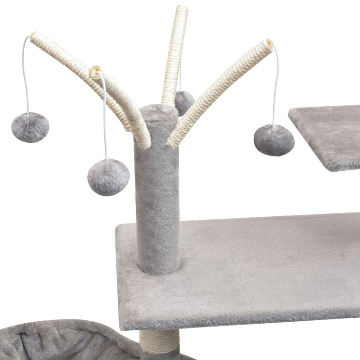 Ein grauer Katzenbaum mit hängenden Spielzeugen und Plattformen. Er steht auf weißem Hintergrund.
