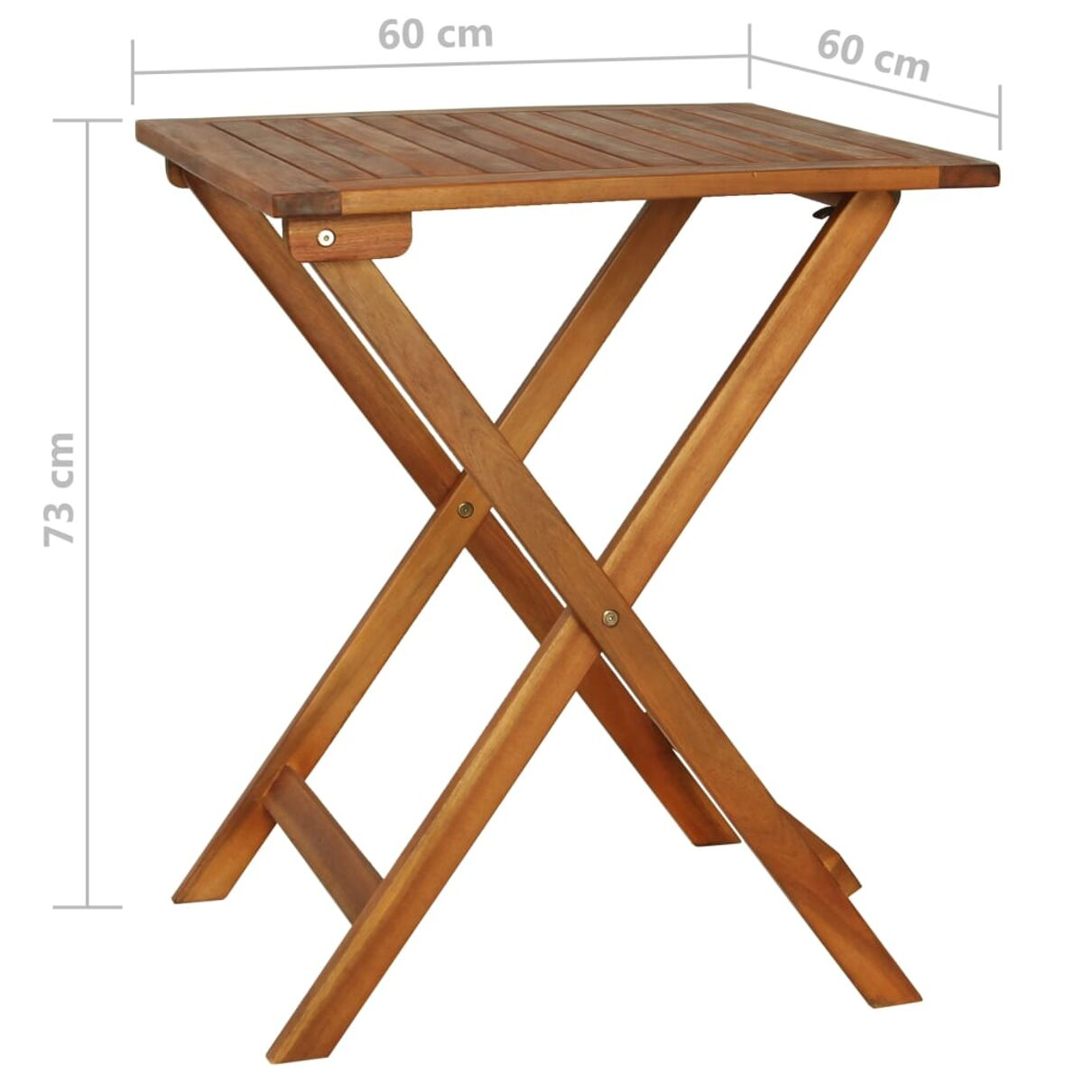 Klapptisch aus Holz. Braune Tischplatte und Beine. Der Tisch ist 60x60x73 cm groß.