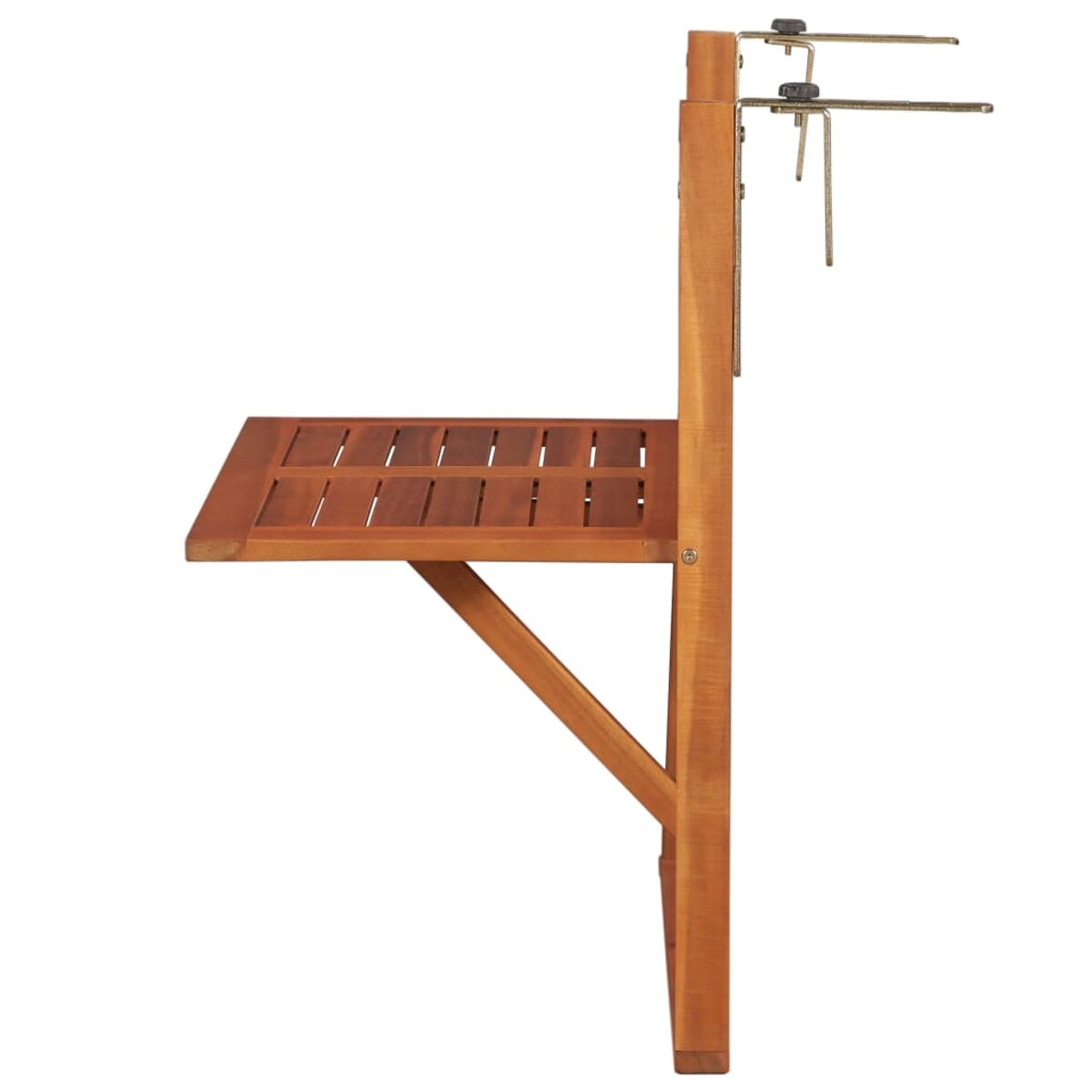 Ein hölzernes Outdoor-Regal. Es hat ein Regal und Haken zum Aufhängen. Die Einheit ist braun.