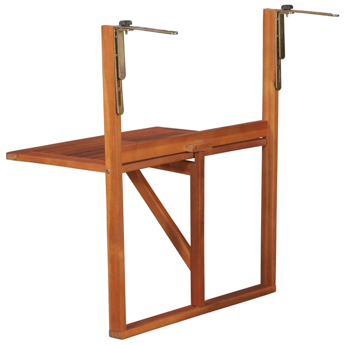 Ein zusammengeklappter Holzbalkontisch. Er hat eine rechteckige Tischplatte und zwei Stützarme.