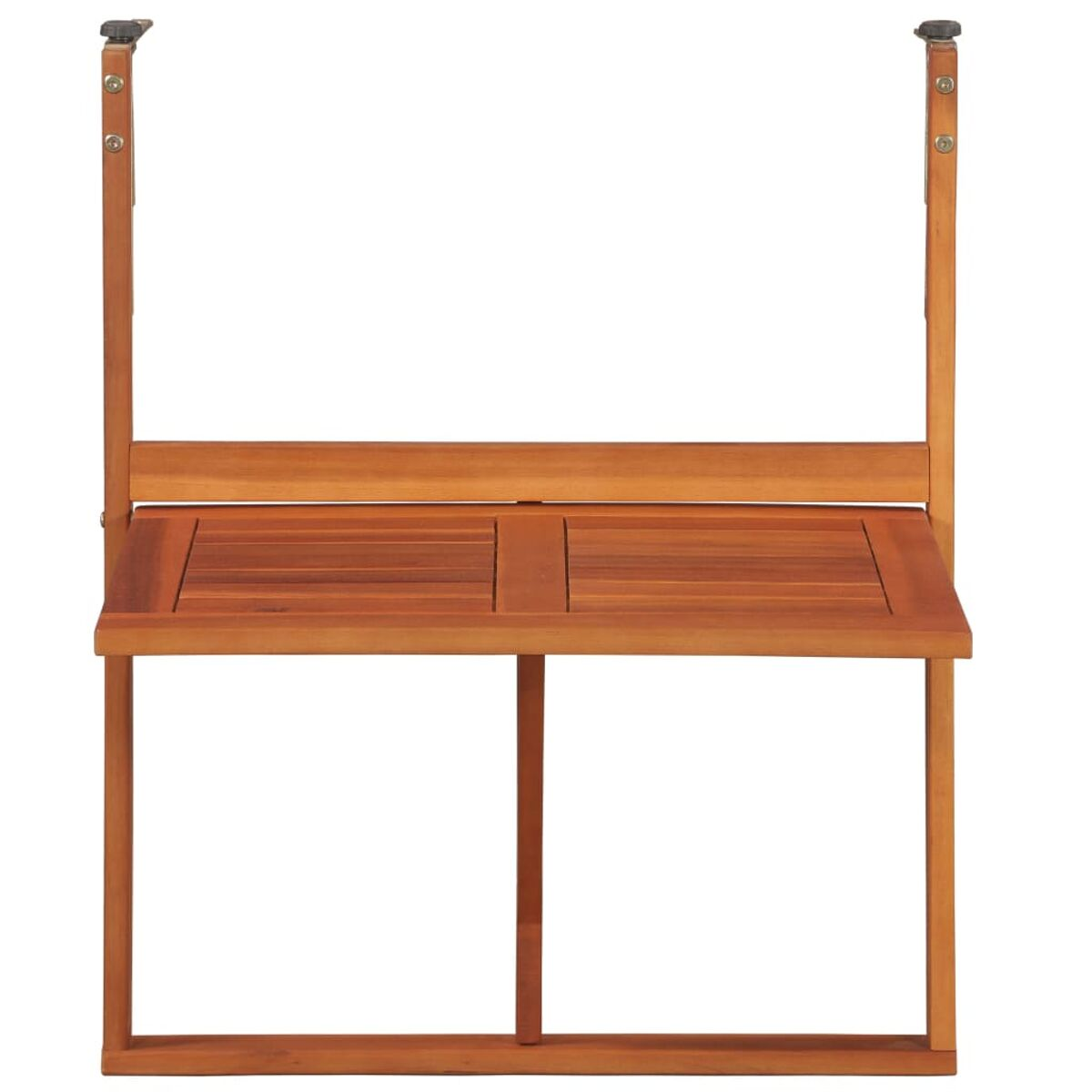 Ein brauner Holzbalkontisch, der mit Halterung an einem weißen Hintergrund hängt.