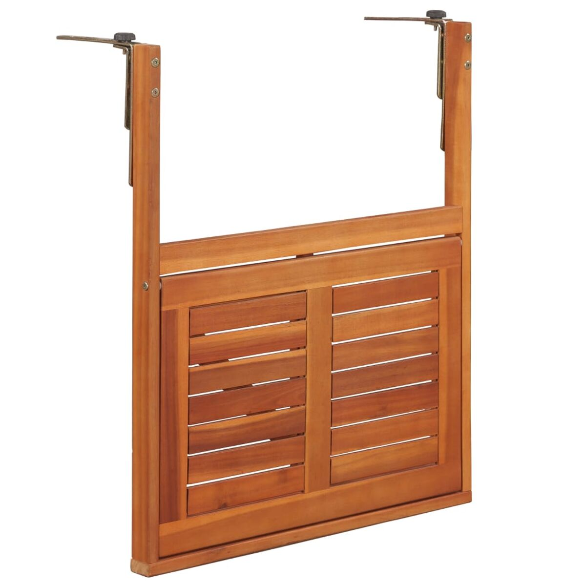 Klapptisch für den Balkon aus Holz. Der Tisch ist braun mit horizontalen Lamellen und Metallscharnieren.