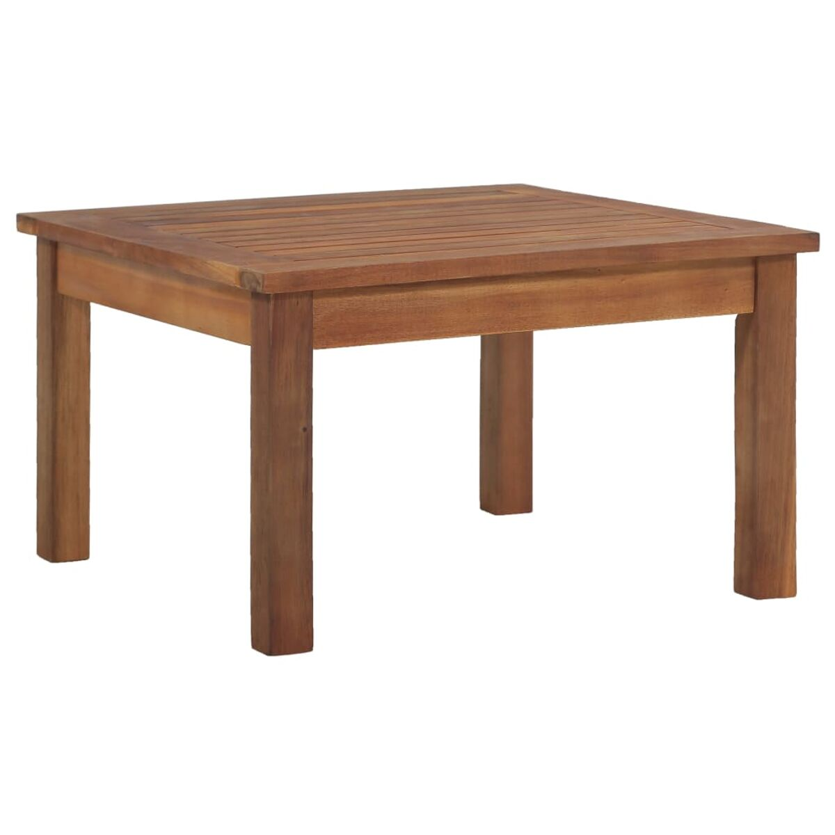 Quadratischer Holztisch. Braune Farbe. Vier Beine.