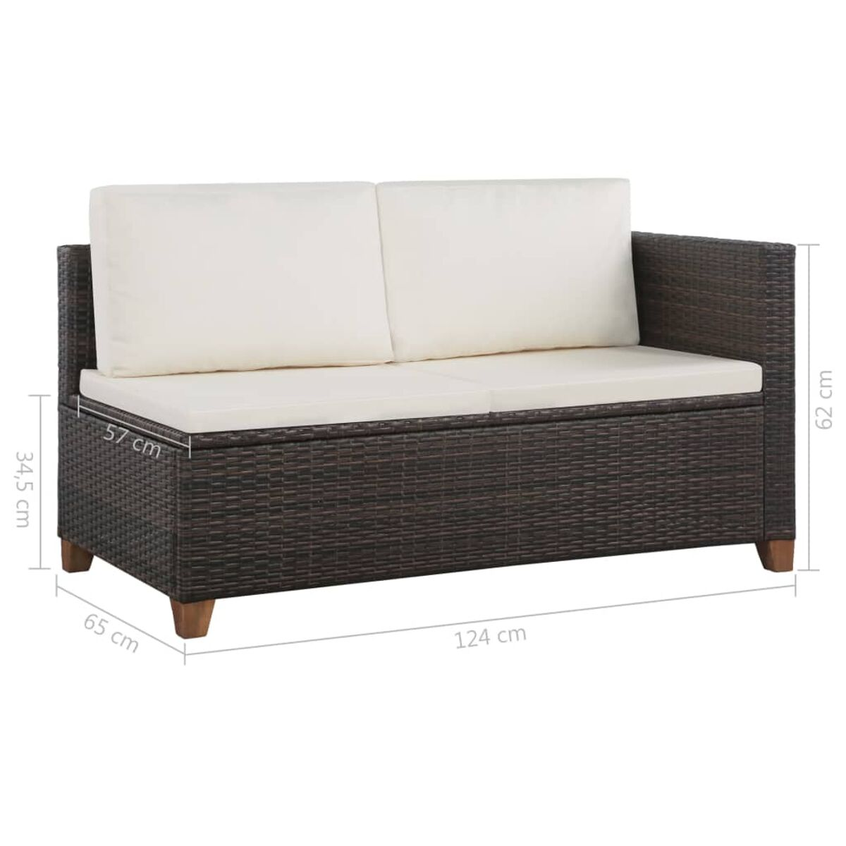 Braunes gewebtes Outdoor-Sofa mit weißen Kissen. Maße werden angezeigt.
