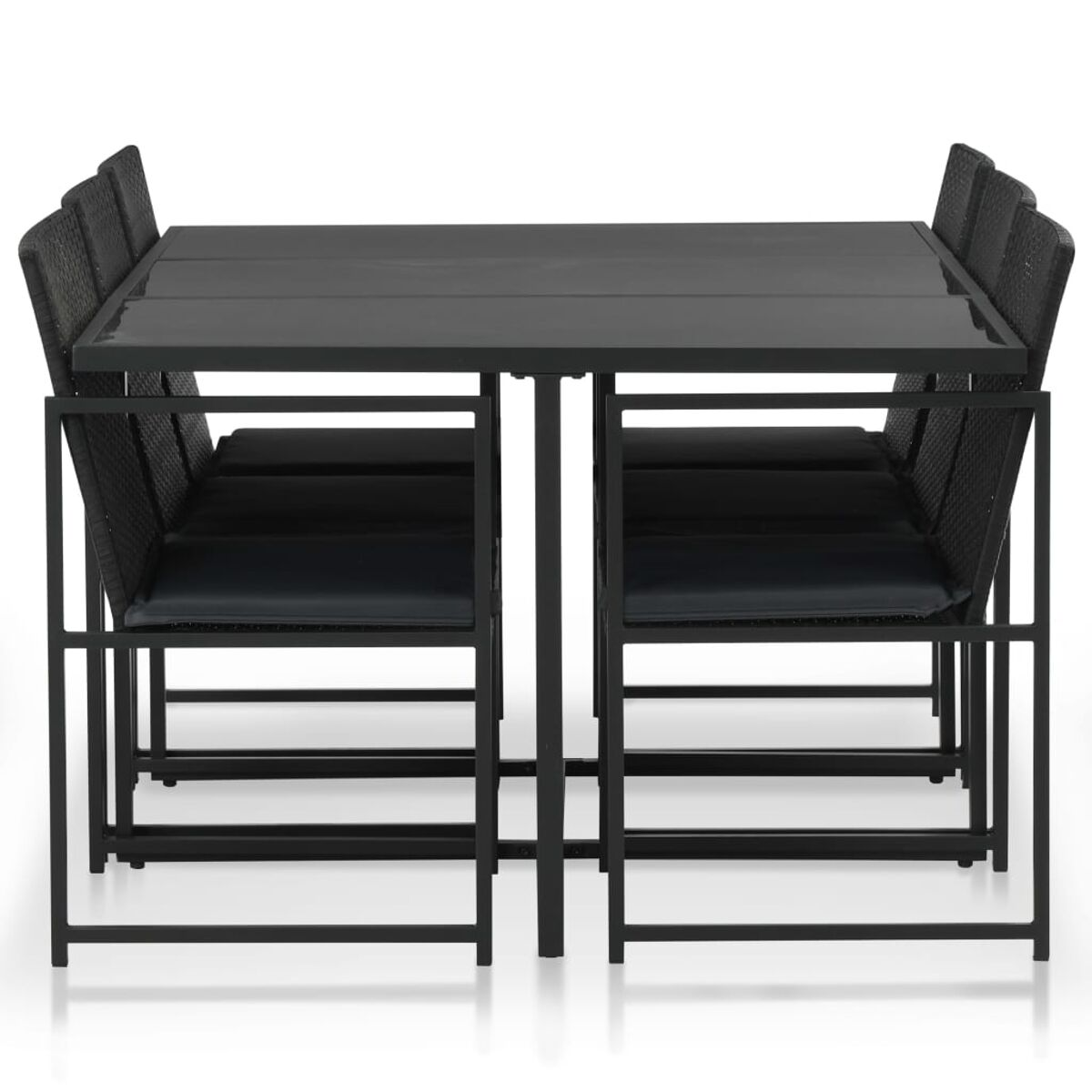 Schwarzes Ess-Set für den Außenbereich mit Tisch und sechs Stühlen. Auf weißem Grund.