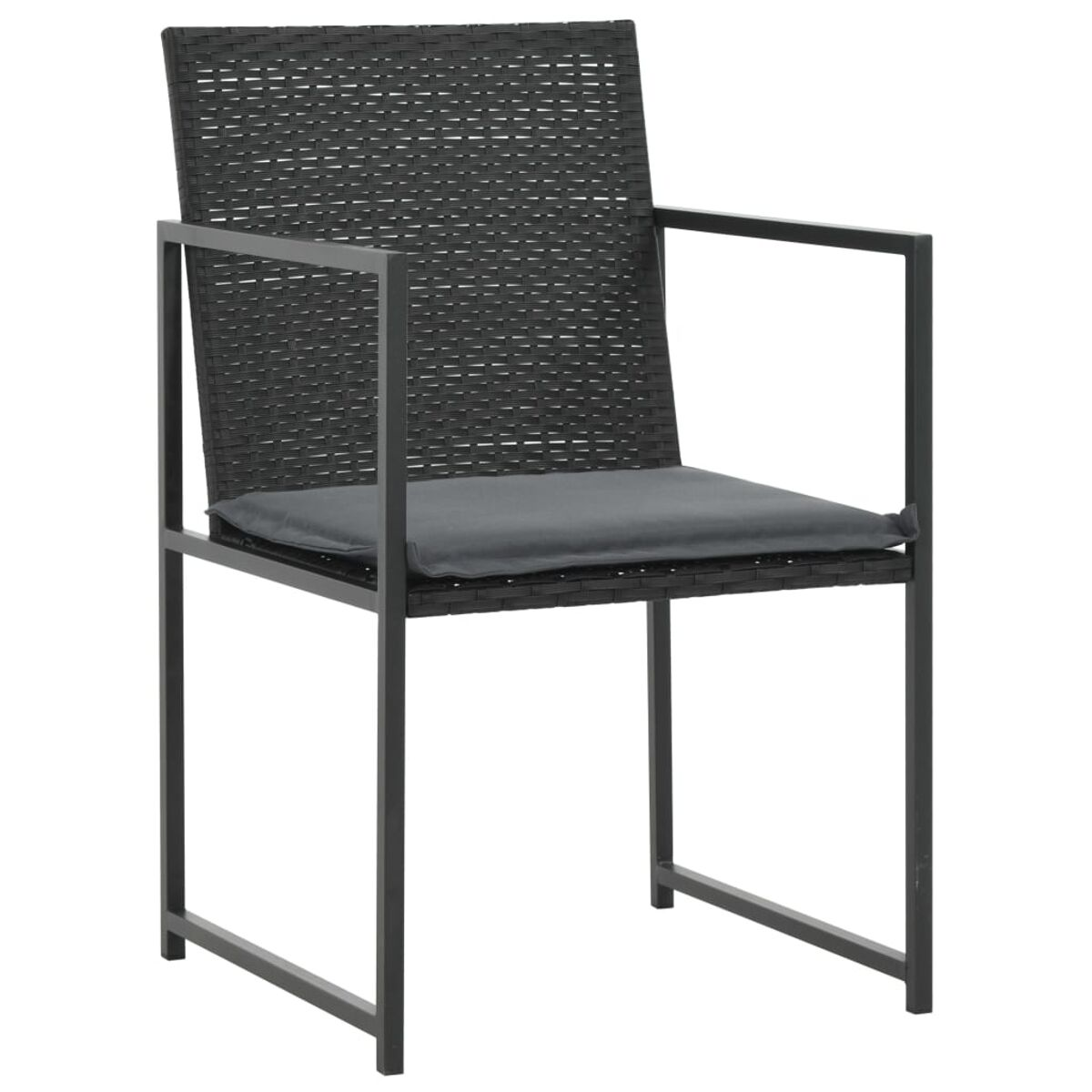 Schwarzer gewebter Outdoor-Stuhl mit schwarzem Rahmen und grauem Kissen.
