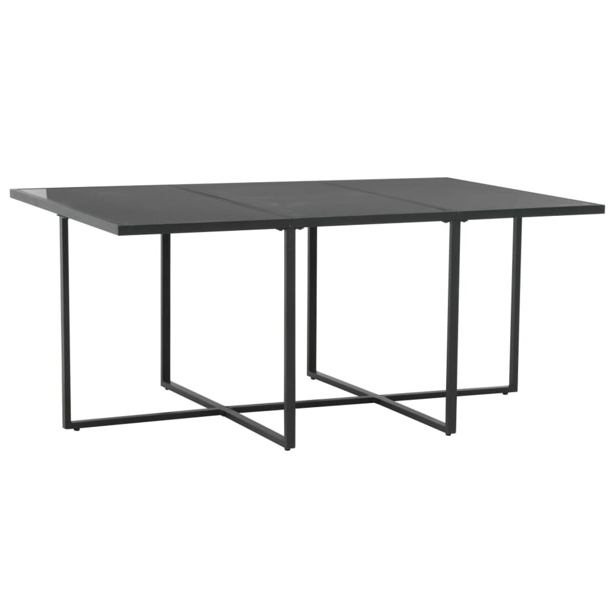Schwarzer Esstisch mit schwarzen Metallbeinen. Er ist rechteckig und hat drei Platten. Weißer Hintergrund.