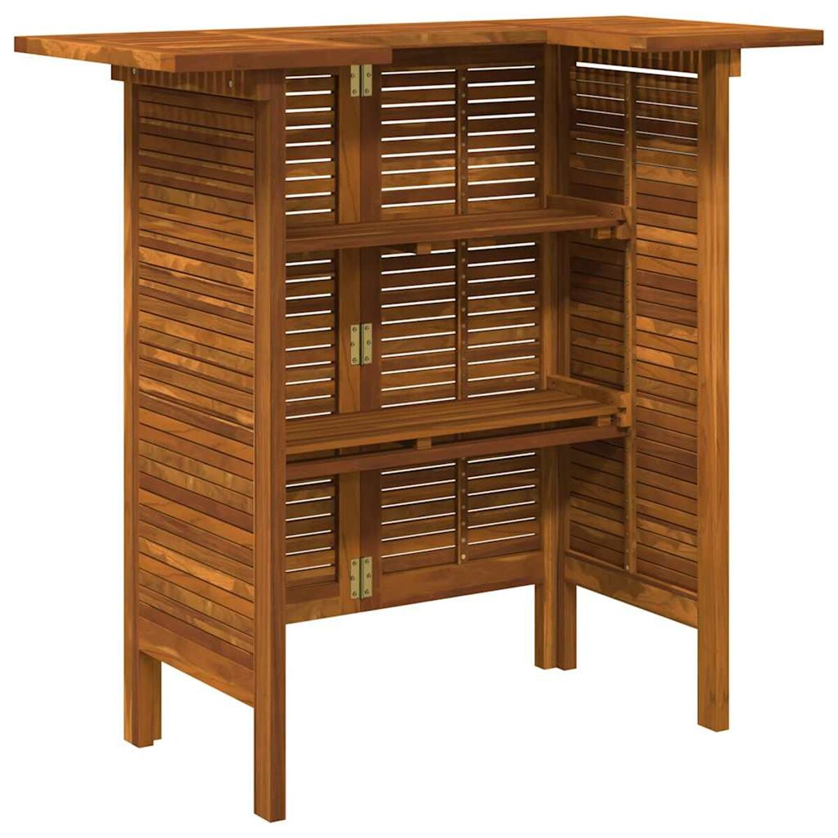 Holzbar mit Regalen. Lamellendesign. Natürliche Holzfarbe. Weißer Hintergrund. Vorderansicht.