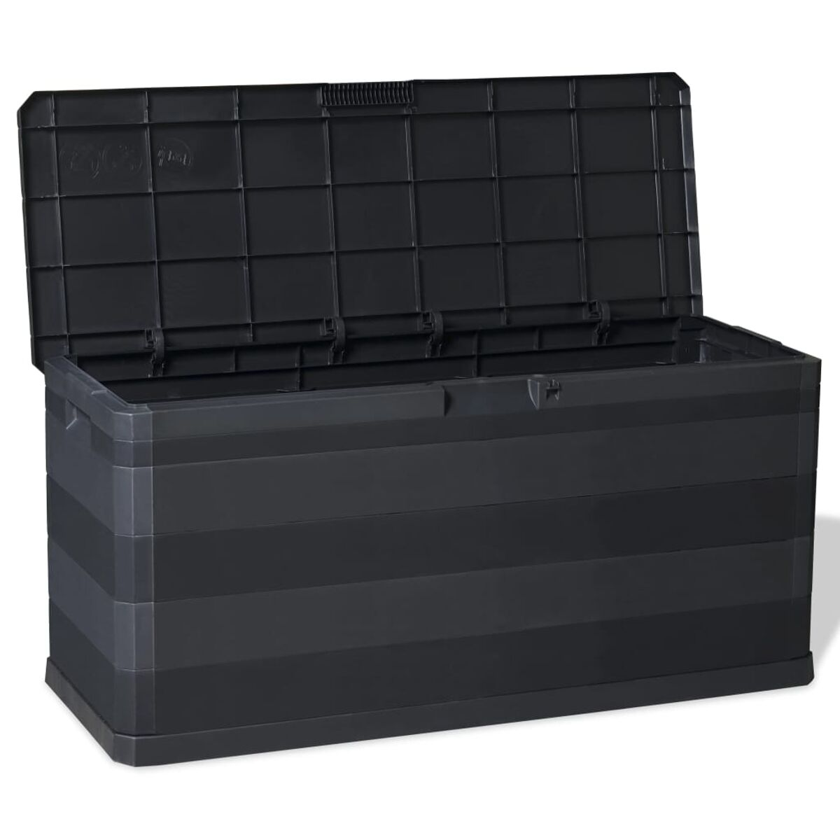 Schwarze Kunststoff-Aufbewahrungsbox mit offenem Deckel.