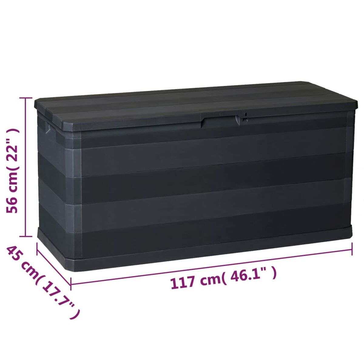 Schwarze rechteckige Aufbewahrungsbox mit angegebenen Maßen. Sie hat einen Deckel und besteht aus Kunststoff.
