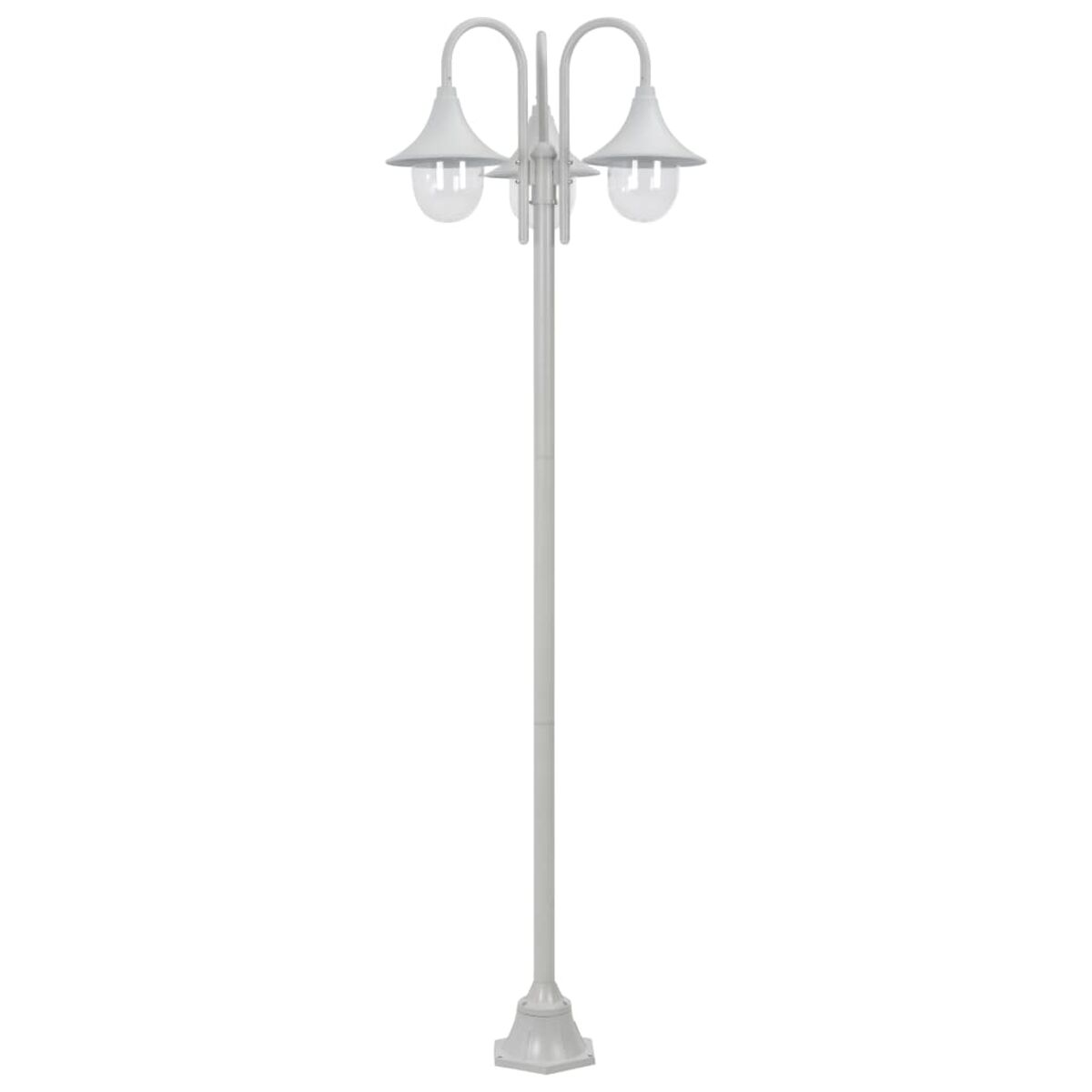 Eine hohe, weiße Straßenlaterne mit drei Lichtern. Sie hat einen Sockel und Bogenförmige Designs.