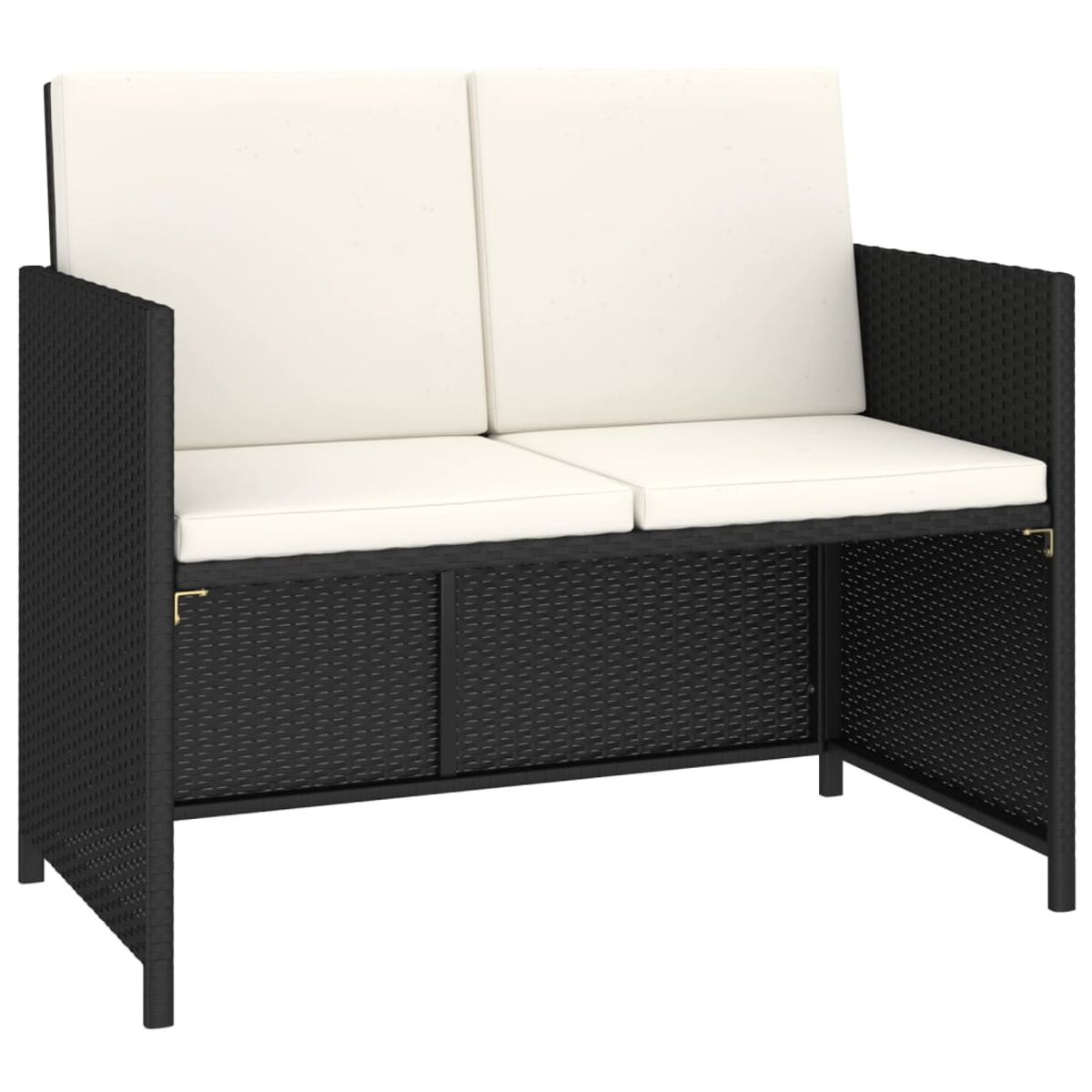Schwarze Rattan-Liebesitz. Weiße Kissen, schwarzer Rahmen, zwei Staufächer.