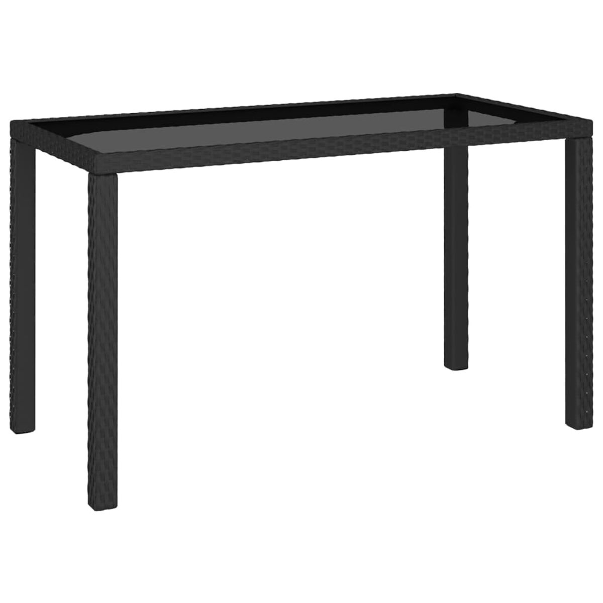 Schwarzer Korbtisch mit vier Beinen. Der Tisch hat eine schwarze Glasoberfläche. Weißer Hintergrund.